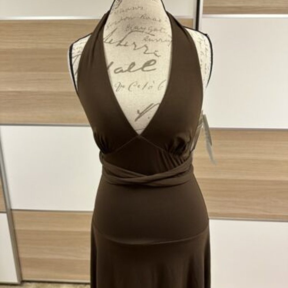 NWT LONDON TIMES Women's Size 10 Dress Brown HALTER Semi Formal FLARE